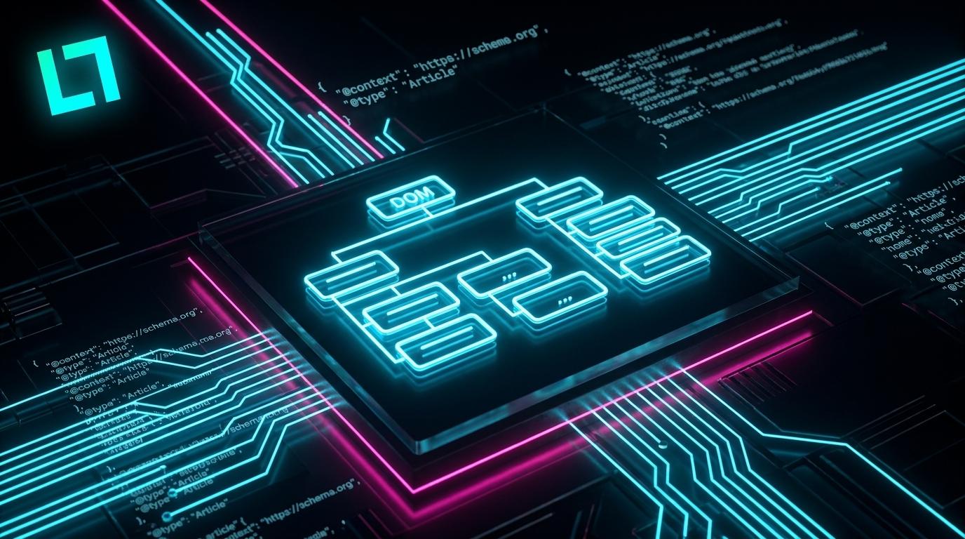 Neon circuit illustration representing DOM flattening and JSON-LD technical SEO