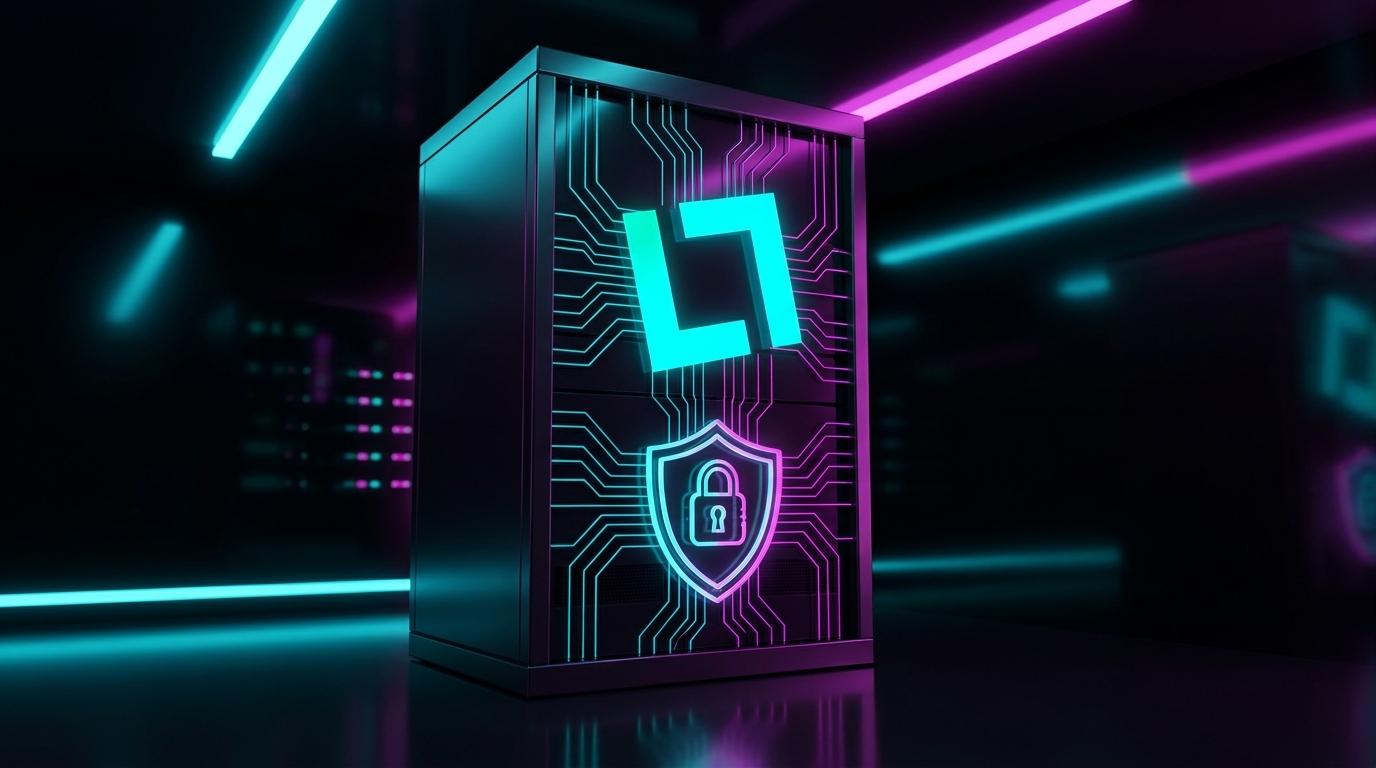Neon-lit secure server rack representing static HTML-first architecture