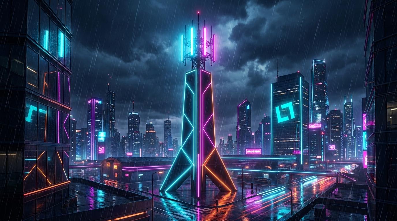 Neon-lit communication tower in a rainy cyberpunk cityscape, representing resilient South African mobile connectivity